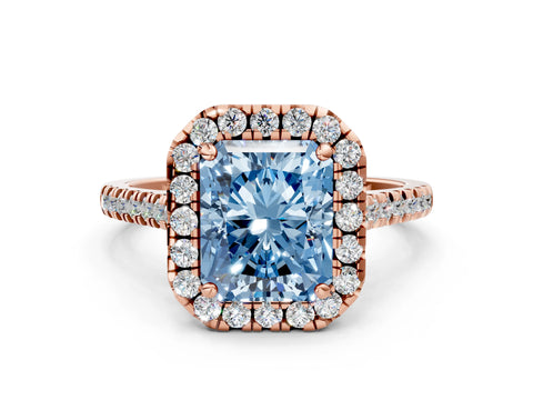 Rose gold Fancy Blue Radiant Cut Diamond Cushion Halo Ring with Pavé Band