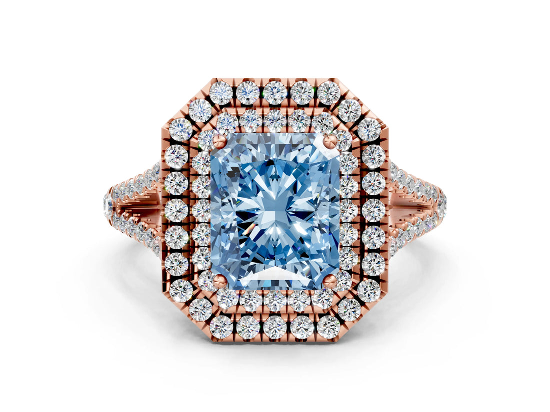 Rose gold Fancy Blue Radiant Cut Diamond Double Halo Ring with Pavé Band and Prong Setting_59