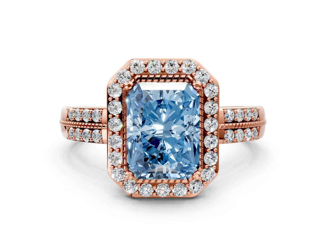 Rose gold Fancy Blue Radiant Cut Diamond Double Halo Ring with Split Shank and Four-Prong Setting_12