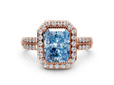 Rose gold Fancy Blue Radiant Cut Diamond Double Halo Ring with Split Shank and Four-Prong Setting_12