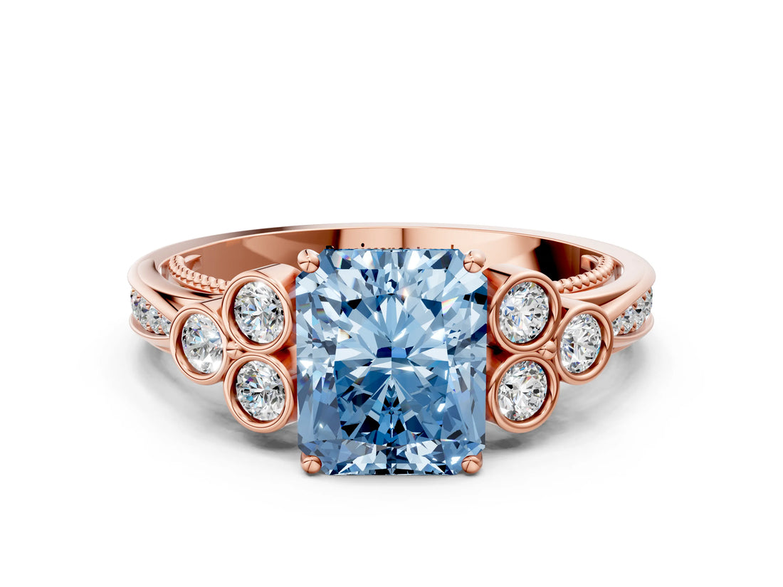 Rose gold Fancy Blue Radiant  Cut Diamond Engagement Ring with Bezel Set Round Side Stones and Prong Setting_49