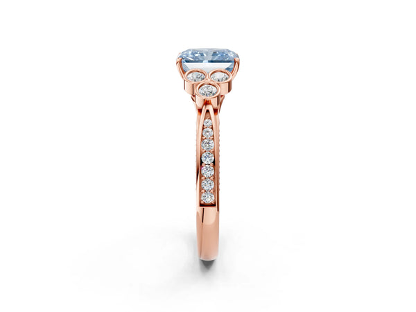 Rose Gold Radiant Cut Engagement Ring Setting for Fancy Blue Center with Bezel-Set Shoulder Clusters