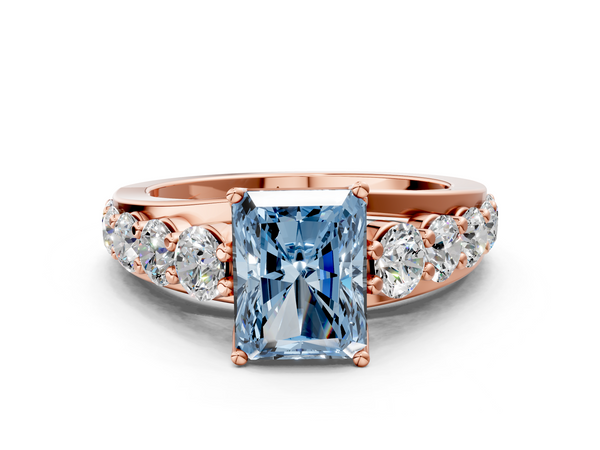 Rose gold Fancy Blue Radiant Cut Diamond Engagement Ring with Pavé Band and Four-Prong Setting