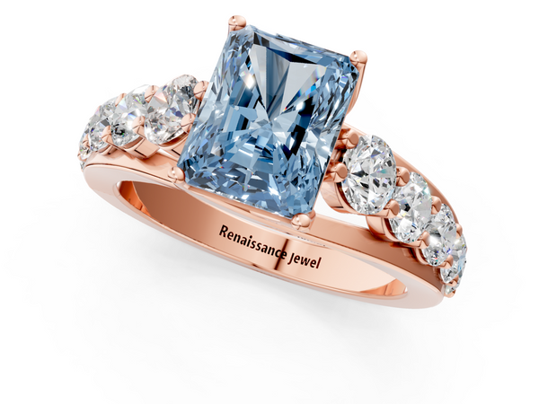 Rose gold Fancy Blue Radiant Cut Diamond Engagement Ring with Pavé Band and Four-Prong Setting