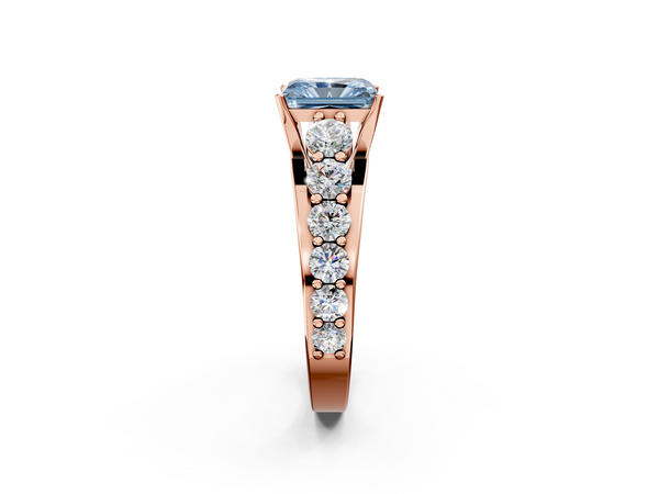 Rose gold Fancy Blue Radiant Cut Diamond Engagement Ring with Pavé Band and Four-Prong Setting