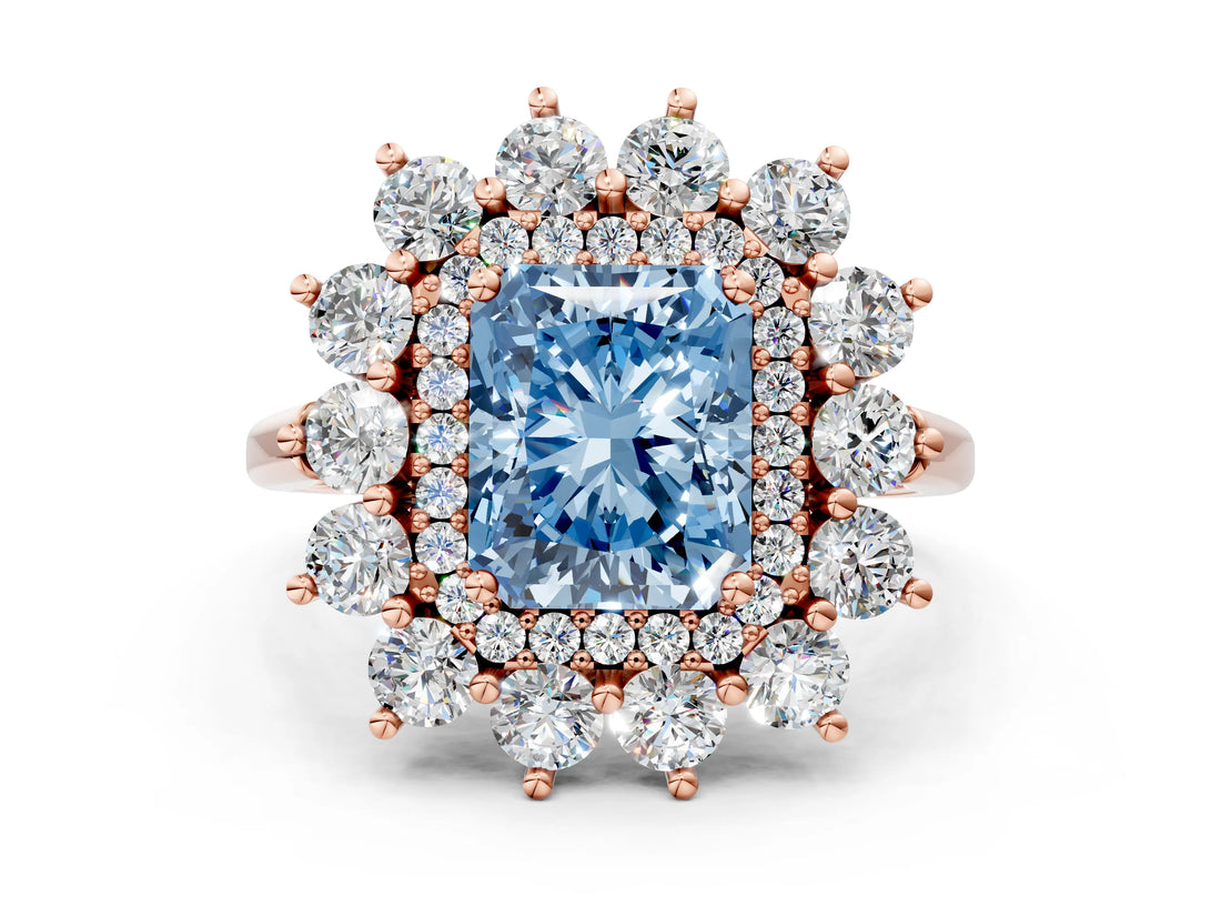 Rose gold Fancy Blue Radiant Cut Diamond Floral Double Halo Engagement Ring with Prong Setting_18