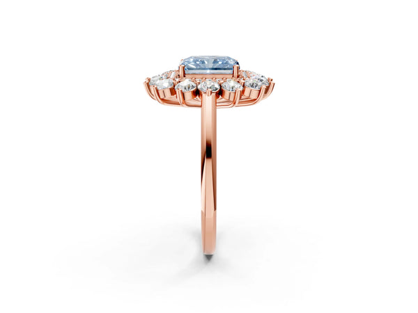 Rose Gold Radiant Cut Floral Double Halo Engagement Ring Setting for Fancy Blue Center