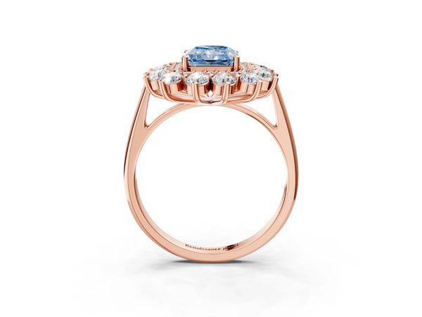 Rose Gold Radiant Cut Floral Double Halo Engagement Ring Setting for Fancy Blue Center