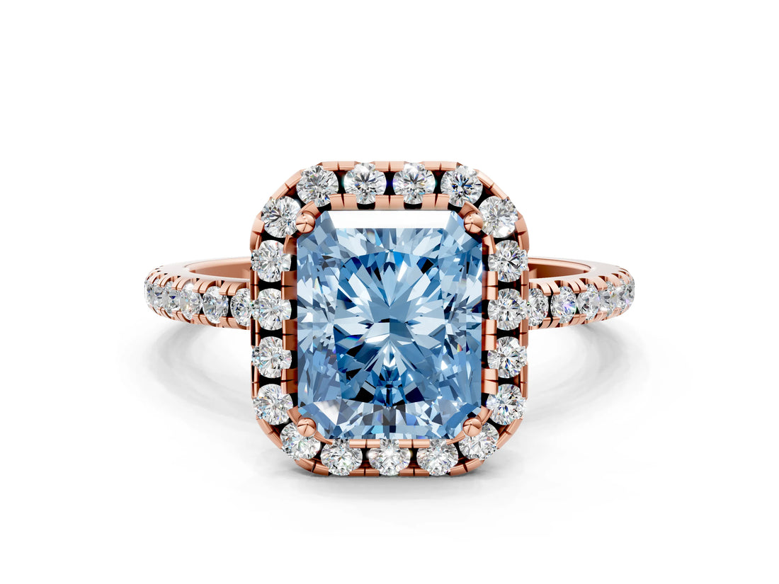 Rose gold Fancy Blue Radiant  Cut Diamond Floral Halo Engagement Ring with Pavé Band and Prong Setting_37