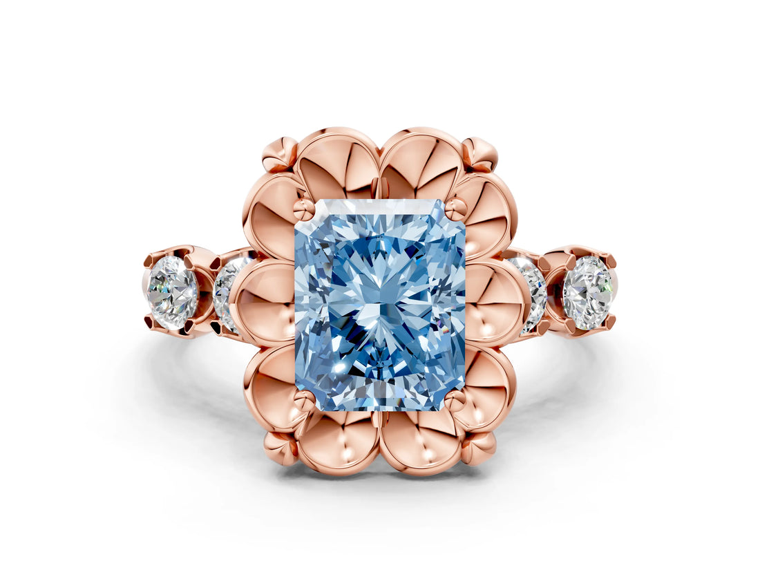 Rose gold Fancy Blue Radiant  Cut Diamond Floral Halo Engagement Ring with Shared Prong Setting 1