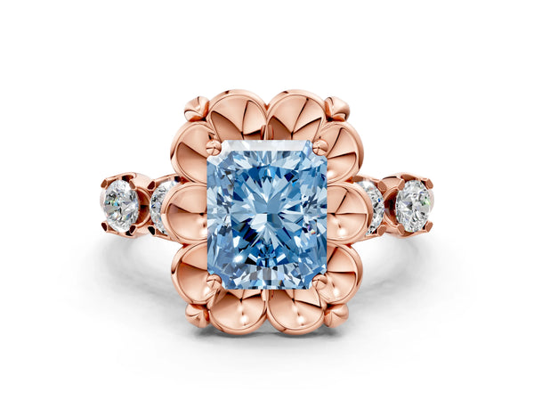 Rose gold Fancy Blue Radiant  Cut Diamond Floral Halo Engagement Ring with Shared Prong Setting
