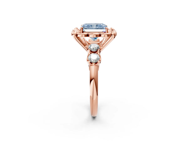 Rose gold Fancy Blue Radiant  Cut Diamond Floral Halo Engagement Ring with Shared Prong Setting