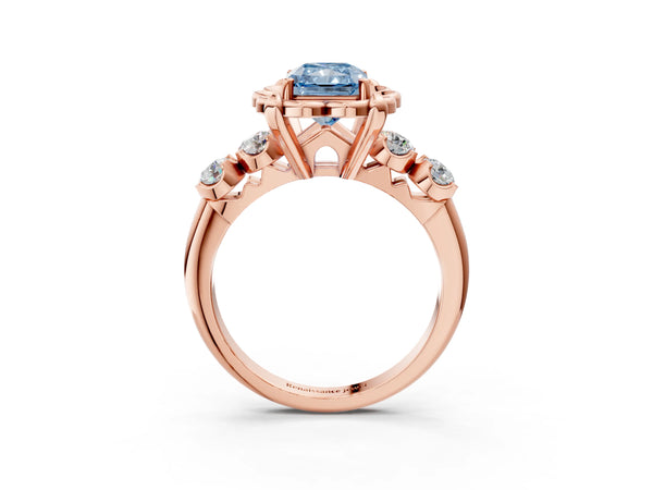 Rose gold Fancy Blue Radiant  Cut Diamond Floral Halo Engagement Ring with Shared Prong Setting
