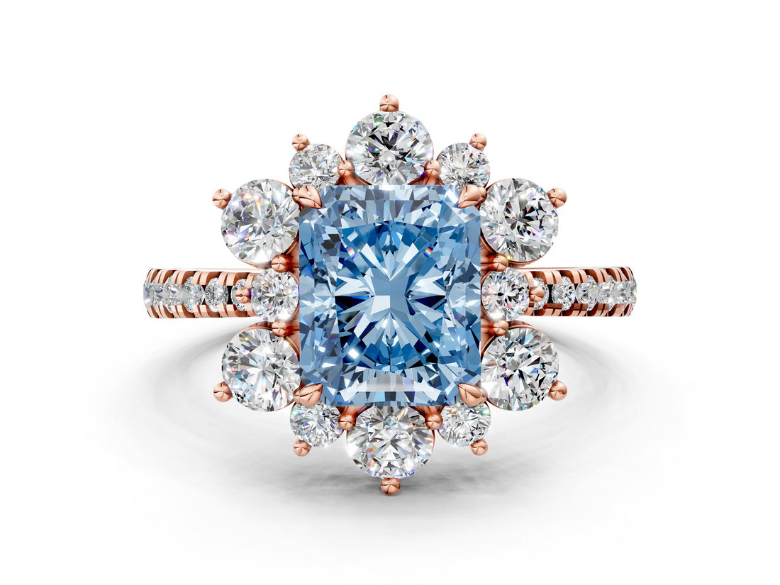 Rose gold Fancy Blue Radiant  Cut Diamond Floral Halo Pave Band with Prong Setting_37