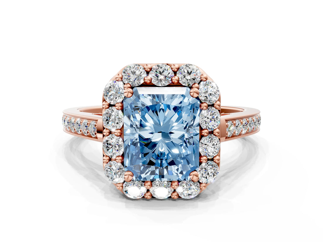 Rose gold Fancy Blue Radiant Cut Diamond Floral Halo Ring with Pavé Band and Prong Setting_3
