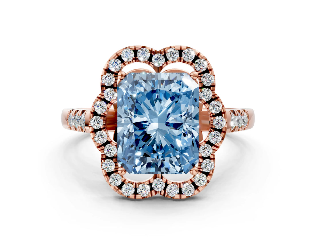 Rose gold Fancy Blue Radiant Cut Diamond Floral Halo Split Shank Prong Setting Ring