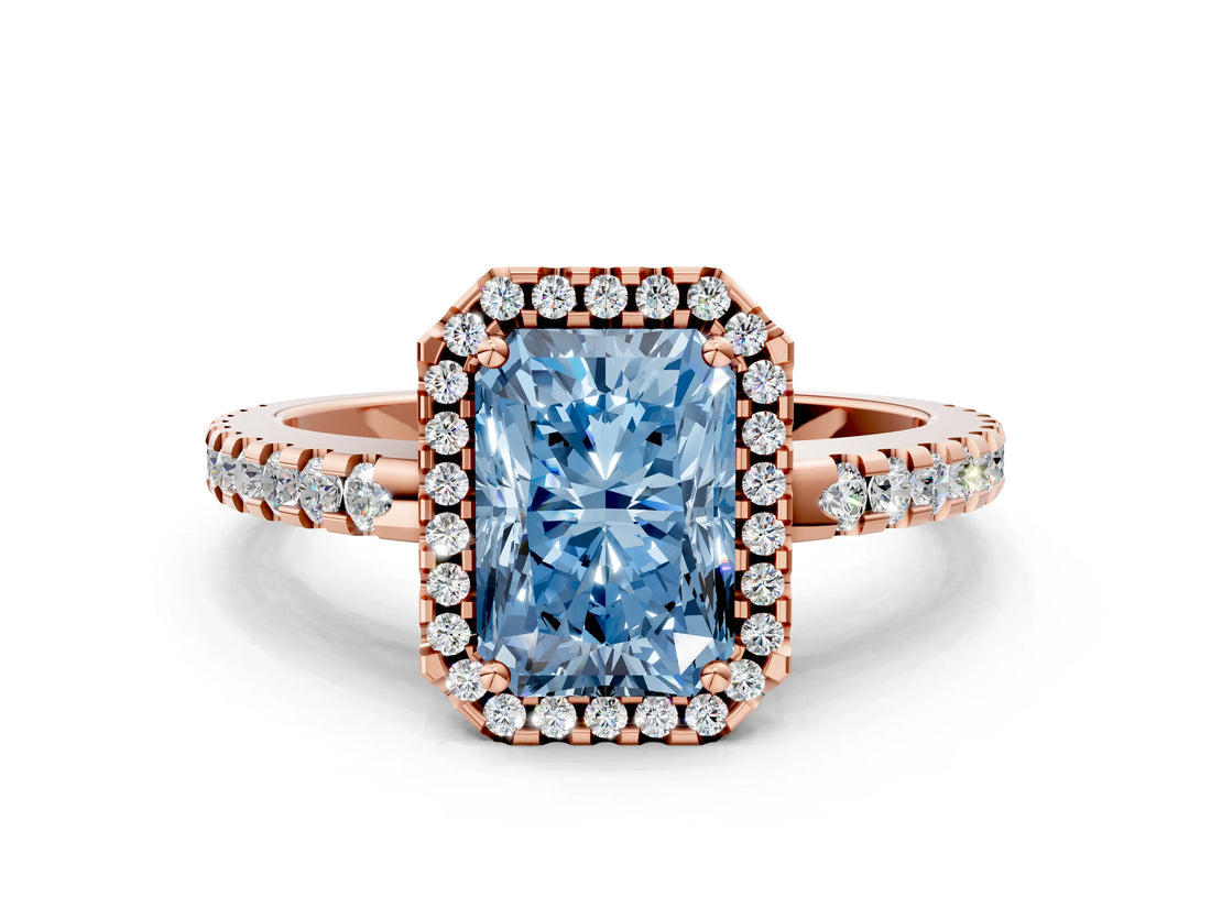 Rose gold Fancy Blue Radiant Cut Diamond Halo Engagement Ring with Pavé Band and Prong Setting_27