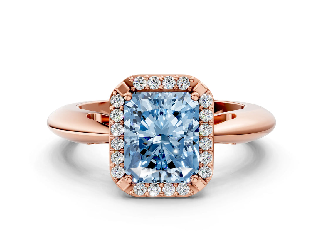 Rose gold Fancy Blue Radiant  Cut Diamond Halo Engagement Ring with Split Shank and Four-Prong Setting_90