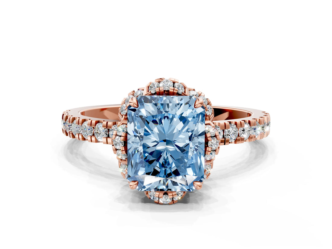 Rose gold Fancy Blue Radiant Cut Diamond Halo Pave Band with Four-Prong Setting_3