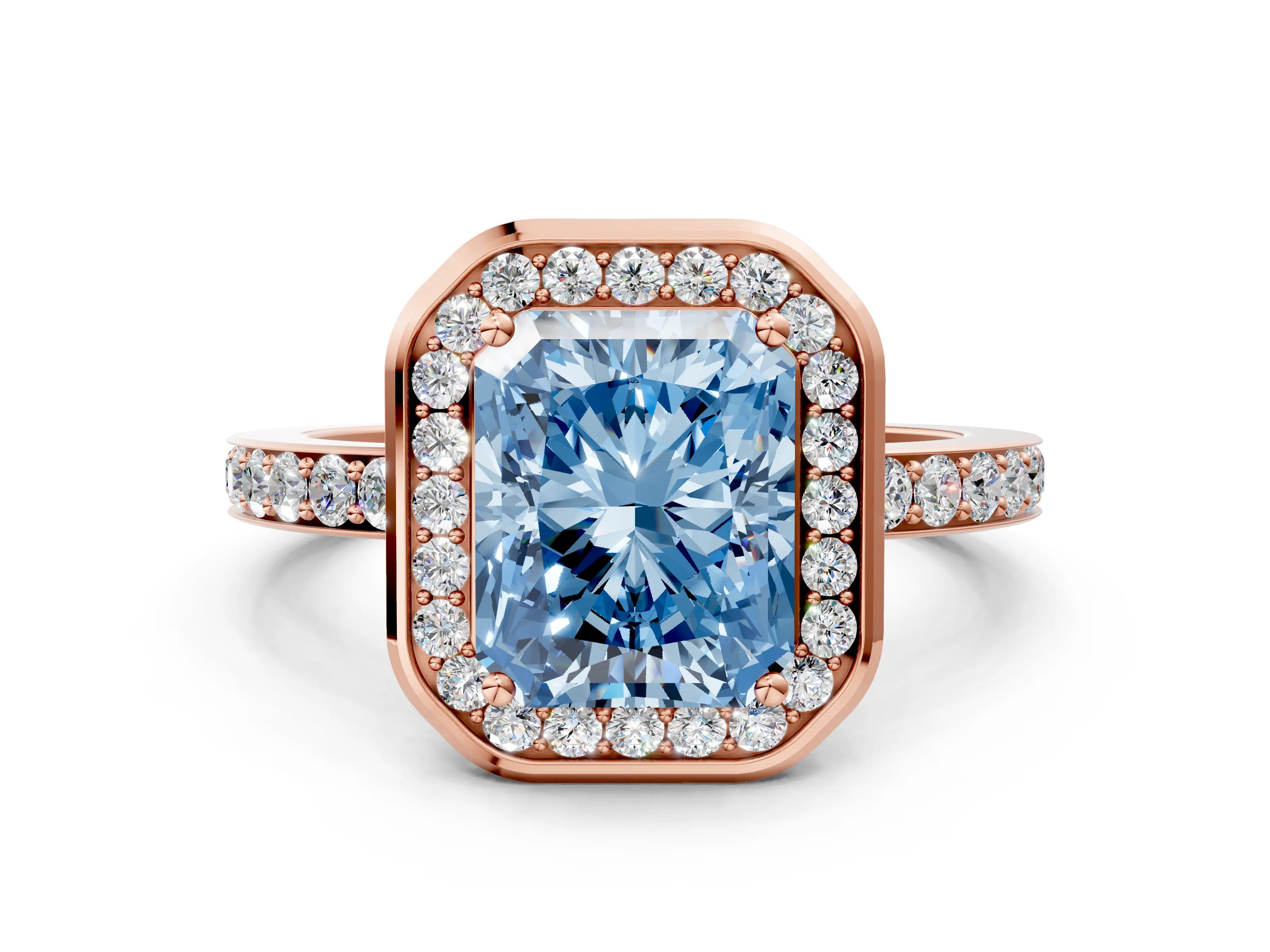 Rose gold Fancy Blue Radiant Cut Diamond Halo Ring with Bezel Frame and Pavé Band