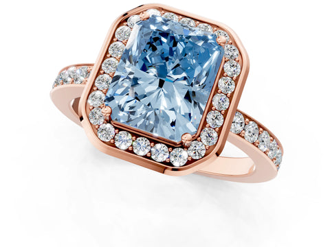 Rose gold Fancy Blue Radiant Cut Diamond Halo Ring with Bezel Frame and Pavé Band_1