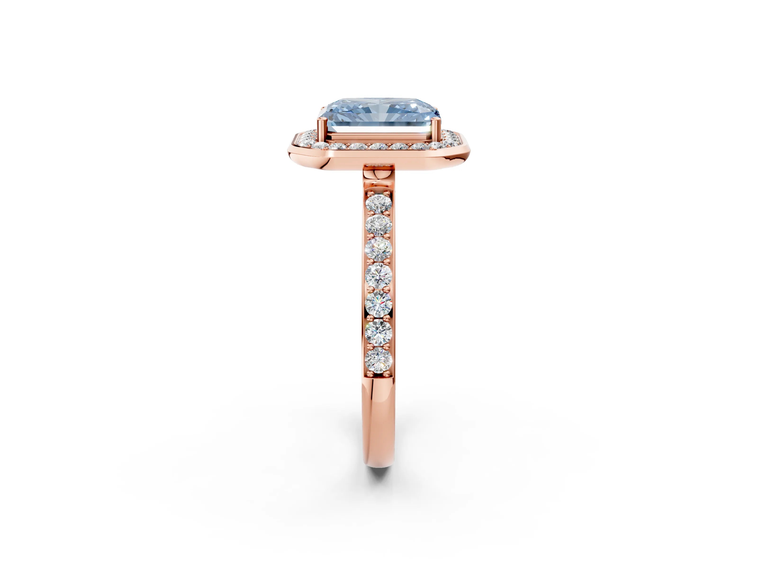 Rose gold Fancy Blue Radiant Cut Diamond Halo Ring with Bezel Frame and Pavé Band_2