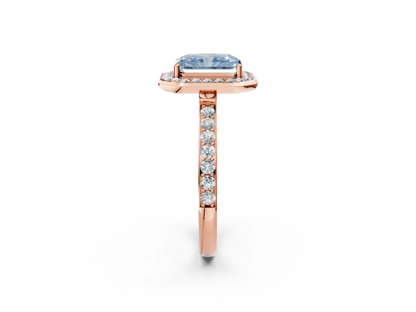 Rose Gold Radiant Cut Pave Bezel-Rim Halo Engagement Ring Setting for Fancy Blue Center
