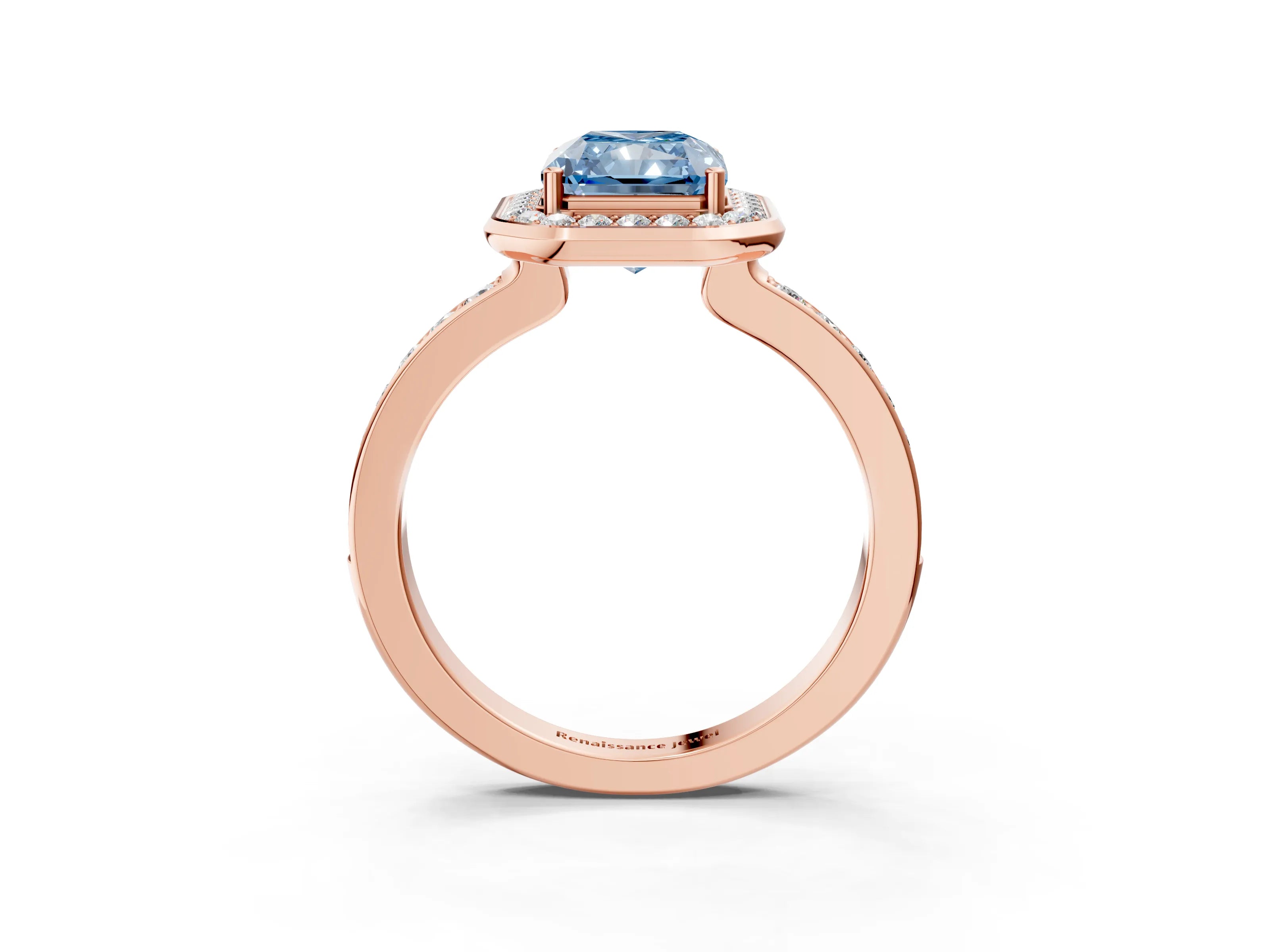 Rose gold Fancy Blue Radiant Cut Diamond Halo Ring with Bezel Frame and Pavé Band_3