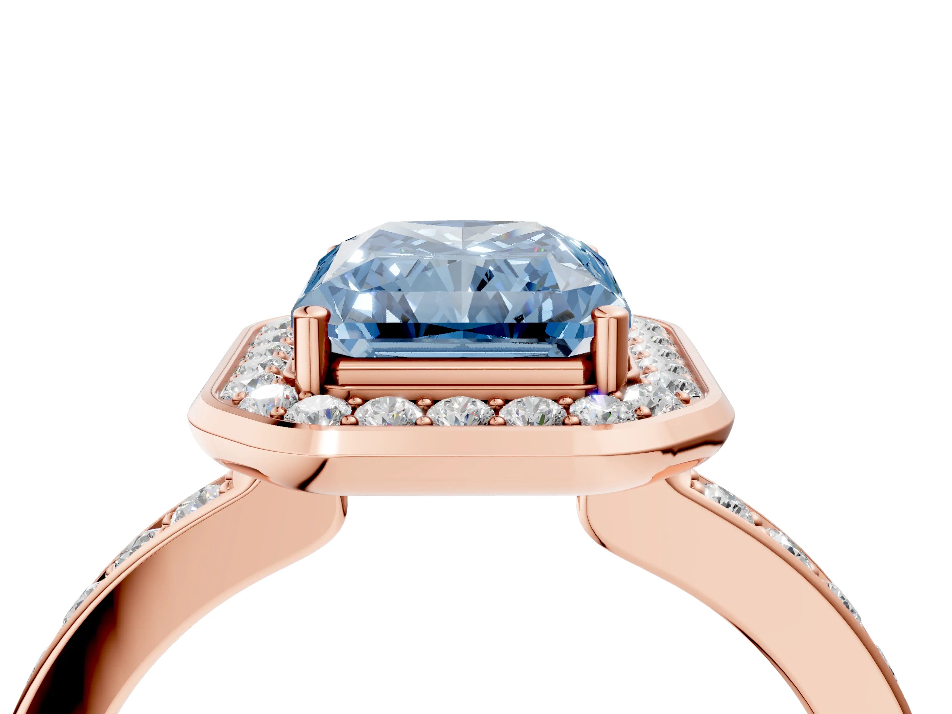 Rose gold Fancy Blue Radiant Cut Diamond Halo Ring with Bezel Frame and Pavé Band_4