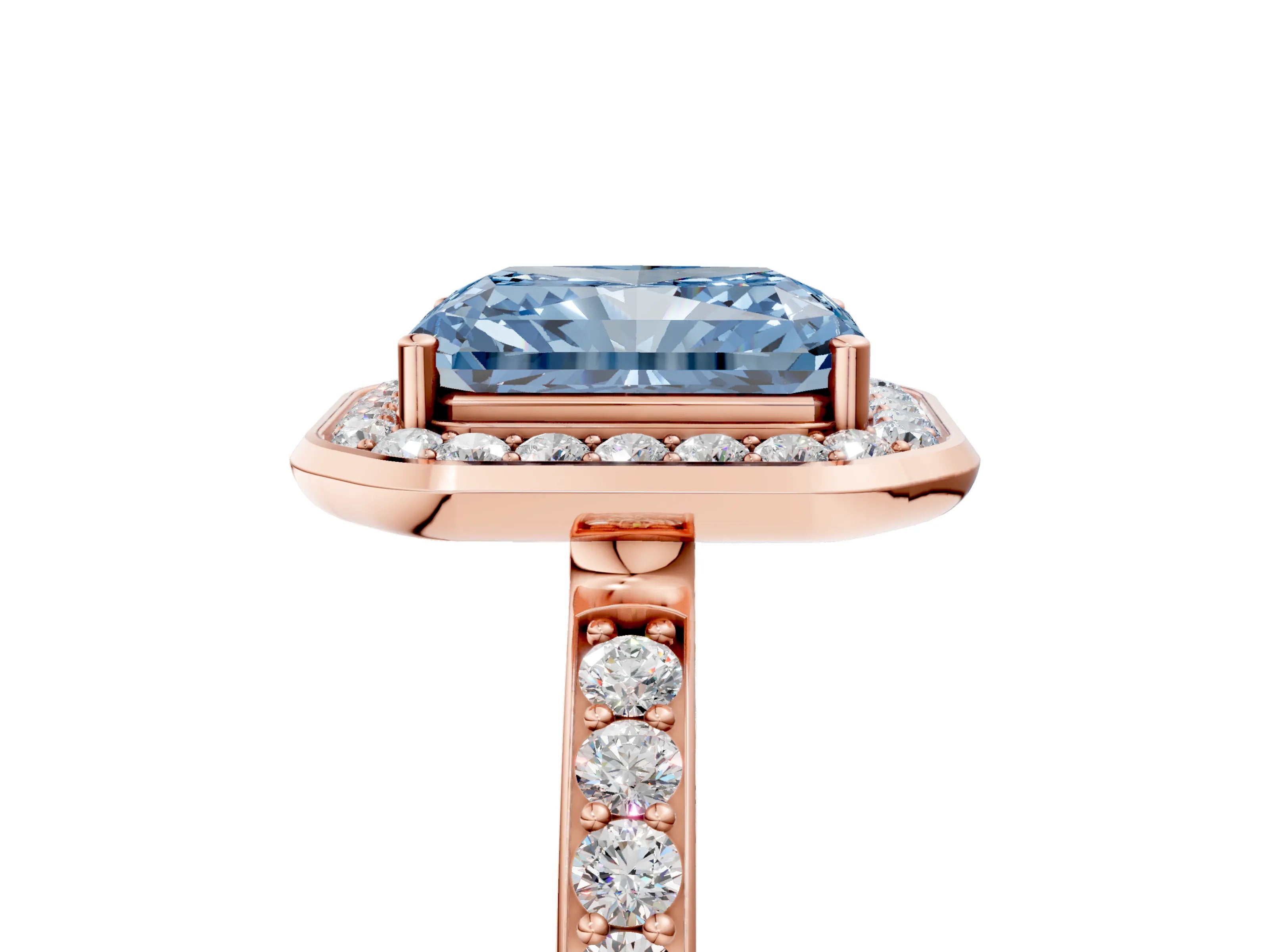 Rose gold Fancy Blue Radiant Cut Diamond Halo Ring with Bezel Frame and Pavé Band_5