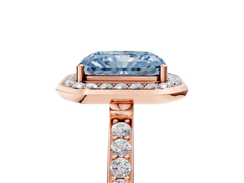 Rose gold Fancy Blue Radiant Cut Diamond Halo Ring with Bezel Frame and Pavé Band_5