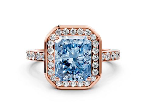 Rose gold Fancy Blue Radiant Cut Diamond Halo Ring with Bezel Frame and Pavé Band
