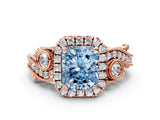 Rose gold Fancy Blue Radiant Cut Diamond Halo Ring with Milgrain Pavé Band and Four-Prong Setting_54