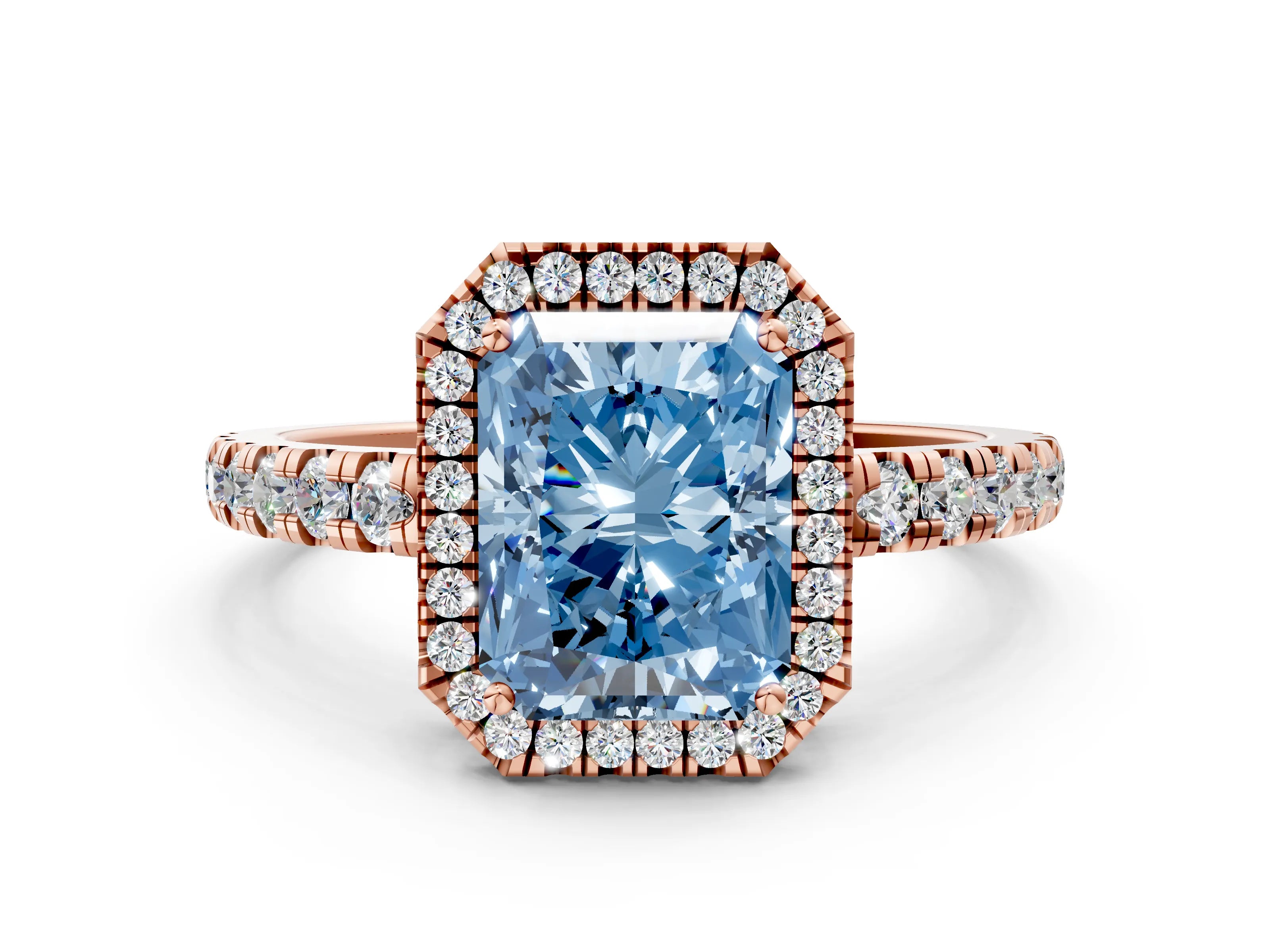 Rose gold Fancy Blue Radiant Cut Diamond Halo Ring with Pavé Band and Four-Prong Setting