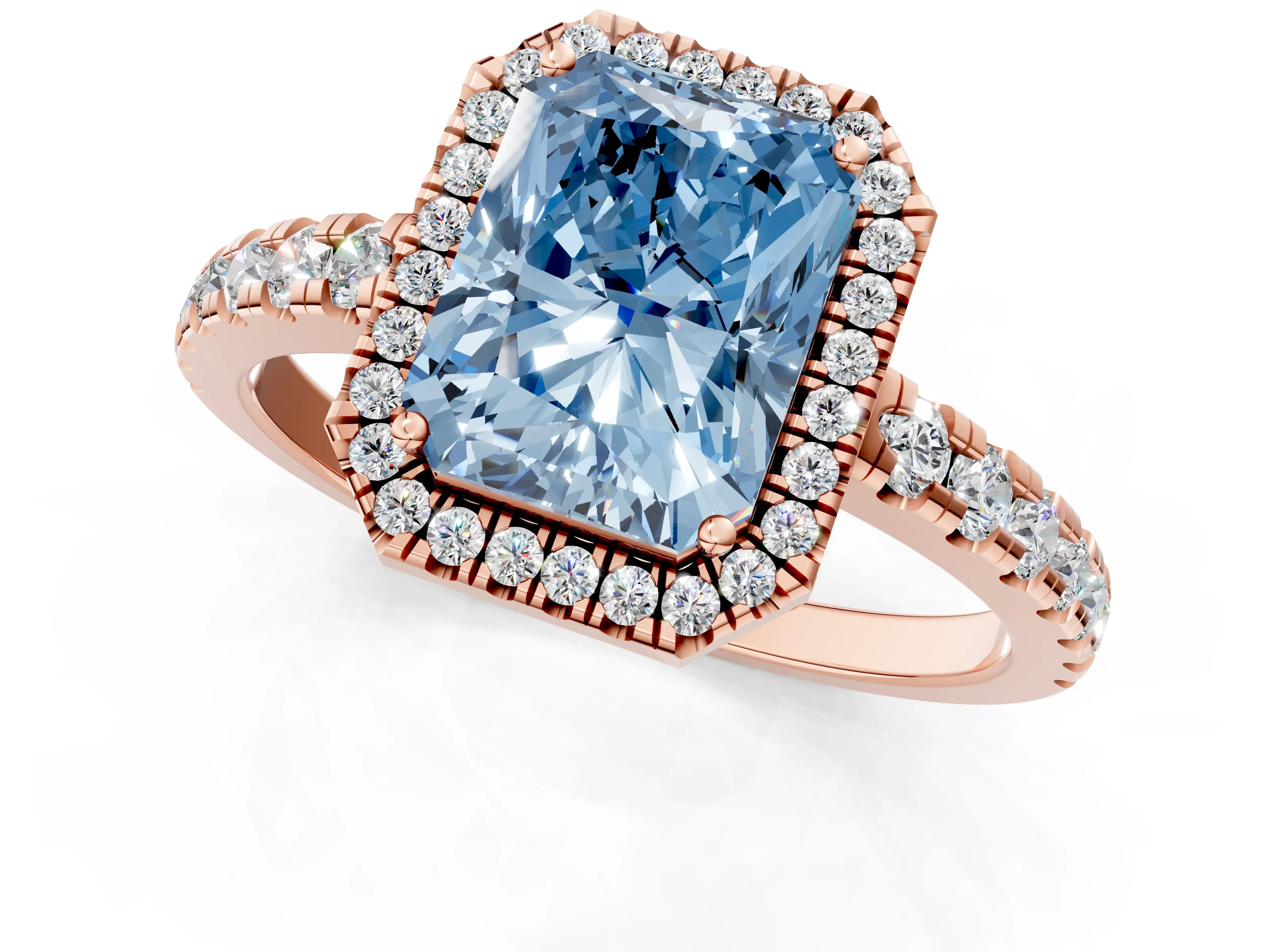Rose gold Fancy Blue Radiant Cut Diamond Halo Ring with Pavé Band and Four-Prong Setting_1