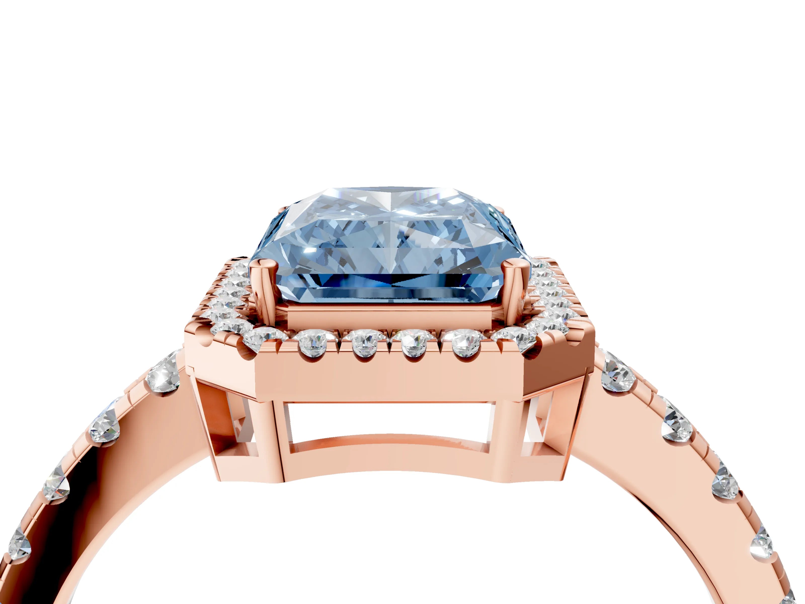 Rose gold Fancy Blue Radiant Cut Diamond Halo Ring with Pavé Band and Four-Prong Setting_4