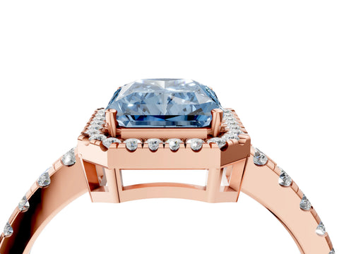 Rose gold Fancy Blue Radiant Cut Diamond Halo Ring with Pavé Band and Four-Prong Setting_4
