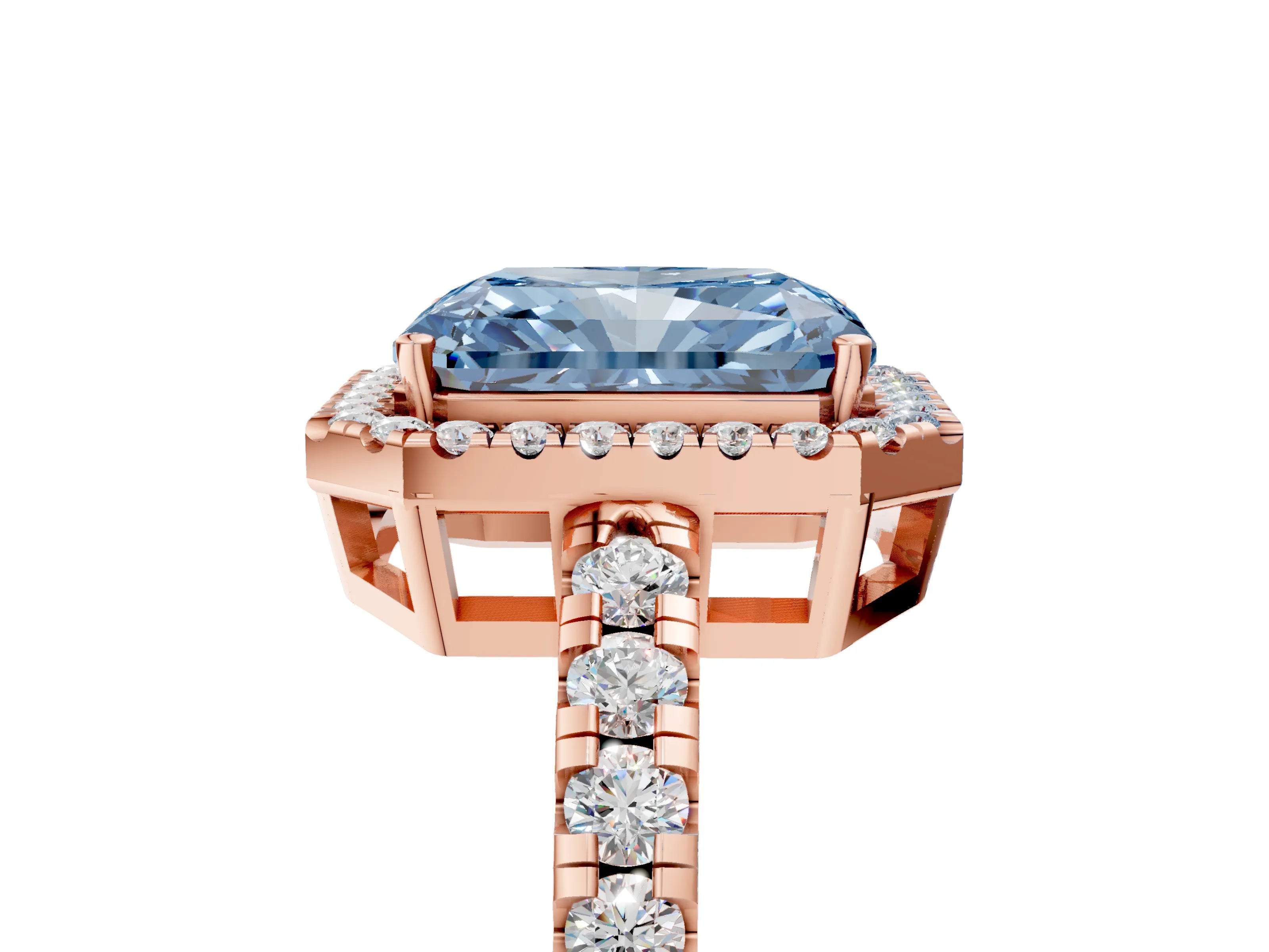 Rose gold Fancy Blue Radiant Cut Diamond Halo Ring with Pavé Band and Four-Prong Setting_5