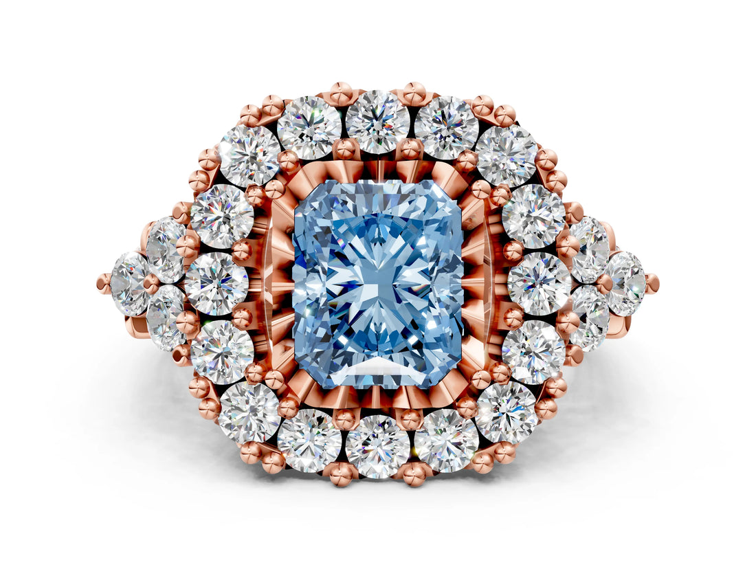 Rose gold Fancy Blue Radiant Cut Diamond Halo Ring with Pavé Band and Four-Prong Setting_56