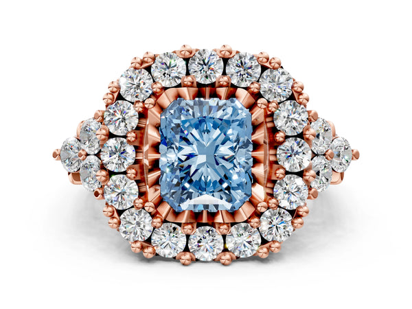 Rose gold Fancy Blue Radiant Cut Diamond Halo Ring with Pavé Band and Four-Prong Setting