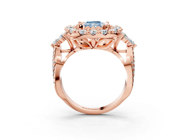 Rose gold Fancy Blue Radiant Cut Diamond Halo Ring with Pavé Band and Four-Prong Setting