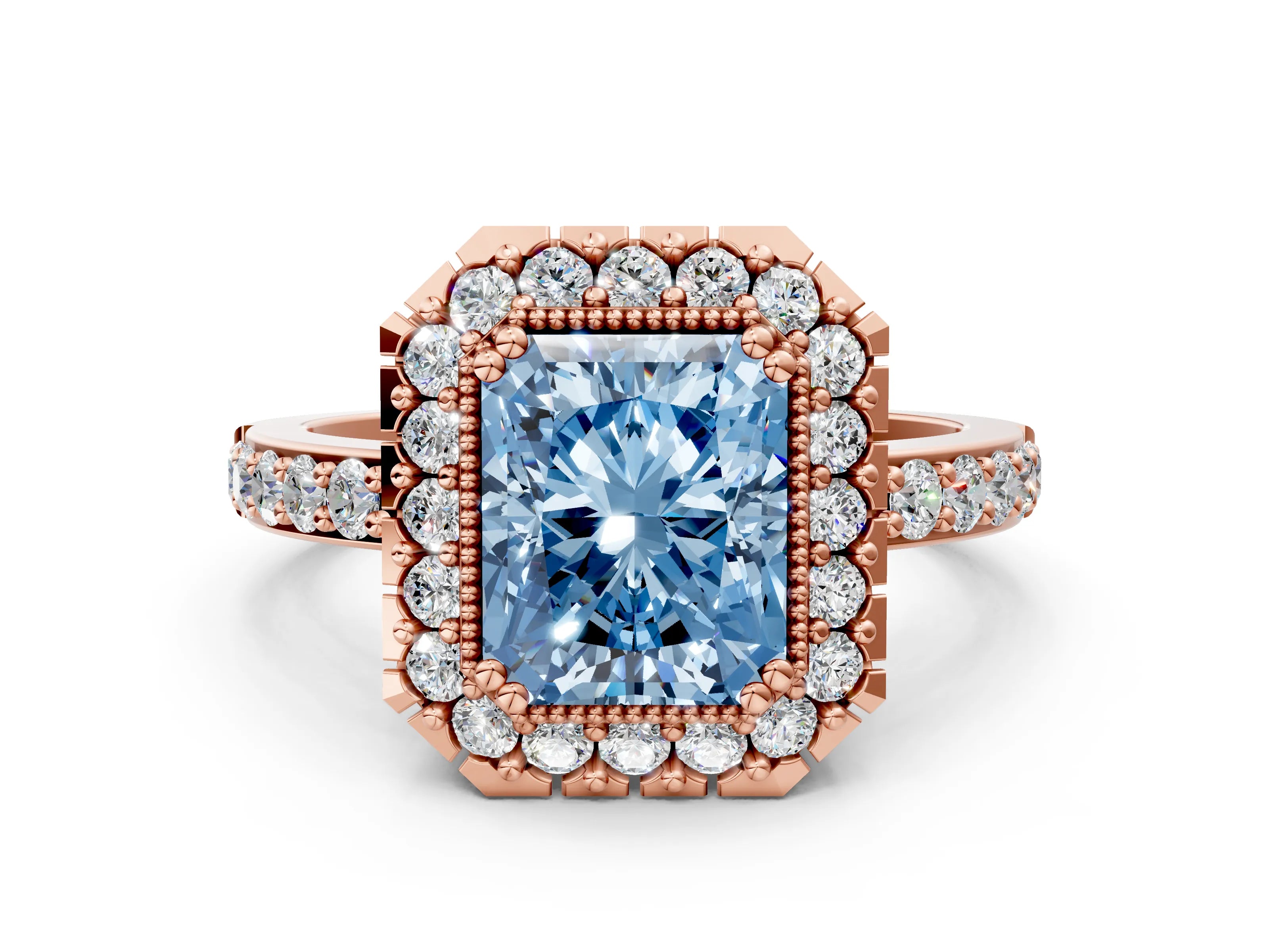 Rose gold Fancy Blue Radiant Cut Diamond Halo Ring with Pavé Band and Prong Setting