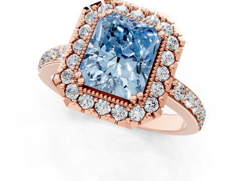 Rose gold Fancy Blue Radiant Cut Diamond Halo Ring with Pavé Band and Prong Setting_1
