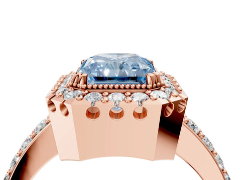 Rose gold Fancy Blue Radiant Cut Diamond Halo Ring with Pavé Band and Prong Setting_4