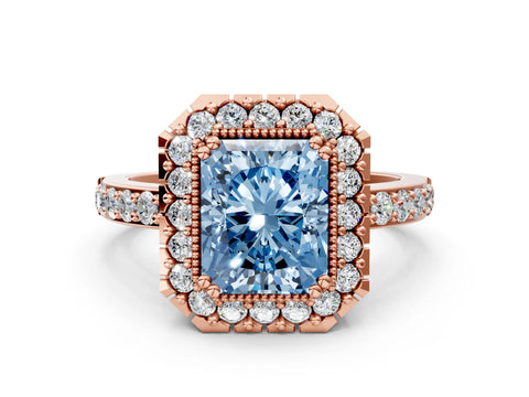 Rose gold Fancy Blue Radiant Cut Diamond Halo Ring with Pavé Band and Prong Setting
