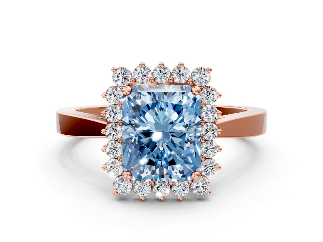 Rose gold Fancy Blue Radiant  Cut Diamond Halo Ring with Round Brilliant Halo and Solitaire Band_87