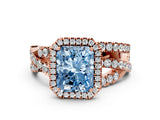 Rose gold Fancy Blue Radiant Cut Diamond Halo Ring with Round Split Shank and Prong Setting_36