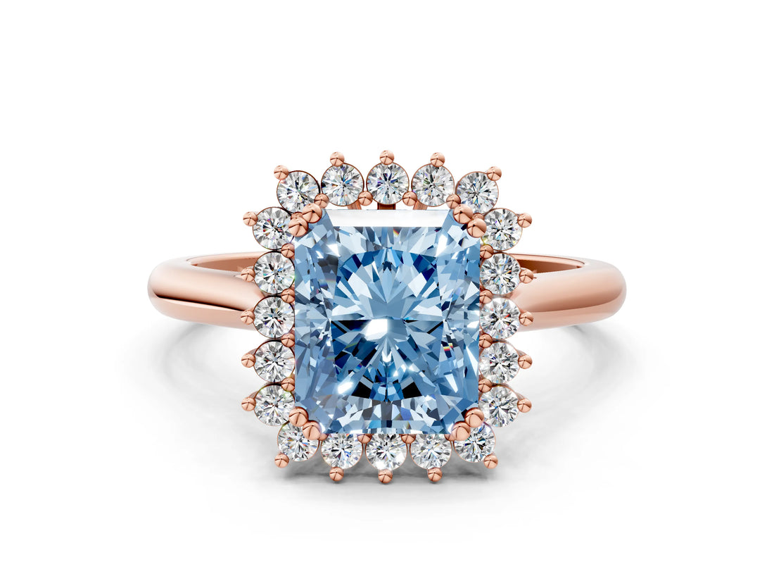 Rose gold Fancy Blue Radiant  Cut Diamond Halo Ring with Solitaire Band and Prong Setting_53