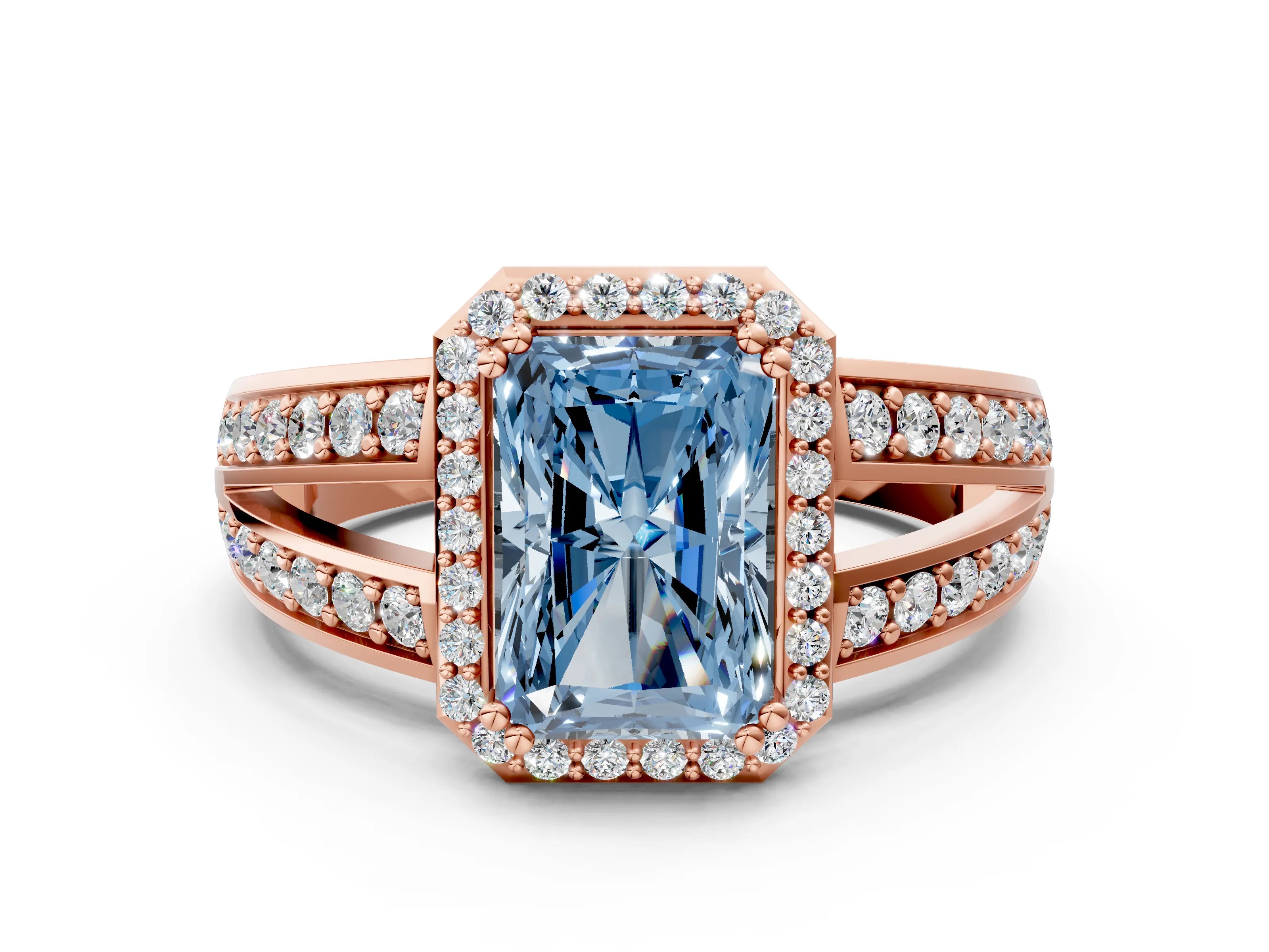 Rose gold Fancy Blue Radiant Cut Diamond Halo Ring with Split Shank Pavé Band and Four-Prong Setting