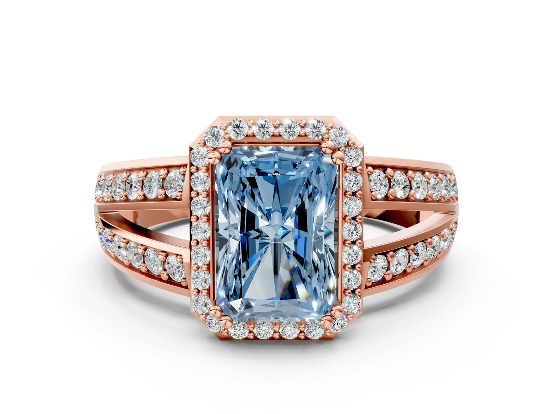 Rose gold Fancy Blue Radiant Cut Diamond Halo Ring with Split Shank Pavé Band and Four-Prong Setting